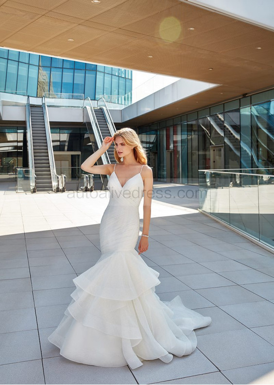 Sparkly Ivory Pleated Tulle Layered Modern Wedding Dress